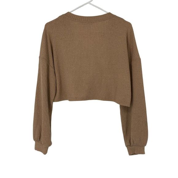 Shein Solid Rib Knit Crop Top Long Sleeve Tee Sz Small Tan Pouf sleeve 2719 - Picture 6 of 7